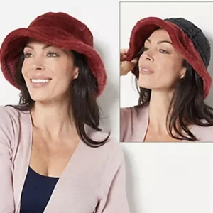 Sprigs Reversible Faux Fur Sherpa Bucket Hat Adjustable Red Black One Size NWT - Picture 1 of 11