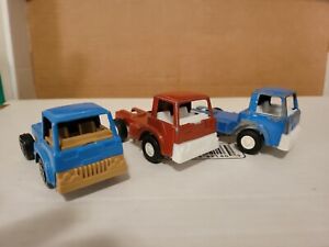 3 piece Lot of Vintage 1970 Tootsie Toy Truck cabs 1 Blue,1 Red,1 Blue tan parts