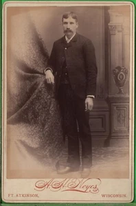 Antique Cabinet Card Photograph Handsome Man with Moustache Ft Atkinson WI - Picture 1 of 3