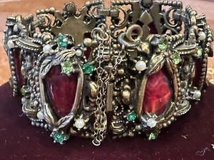 BRACCIALE SELRO SELINI VINTAGE SEMI PERLE STRASS VERDE PANNELLO 7" BAROCCO EU - Foto 1 di 17