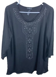 Karen Brooks Blouse Womens Size 2X Black Long Sleeve Shirt Rhinestone Boho NEW - Picture 1 of 6