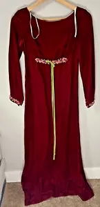 Vintage 1960s Burgundy Velvet Maxi Dress Empire Waist Floral Trim Made in USA - Picture 1 of 11