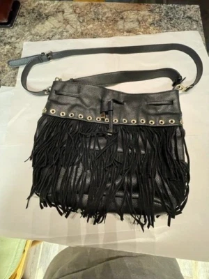 SONDRA ROBERTS SQUARED Black faux leather suede fringe shoulder bag - Image 1 of 4