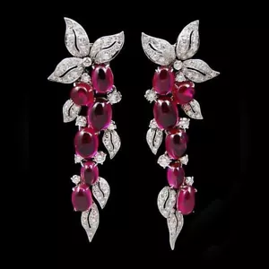 Featuring Cabochon Pink Ruby & Lab-Created White Diamonds Floral Leaf Earrings - Picture 1 of 4
