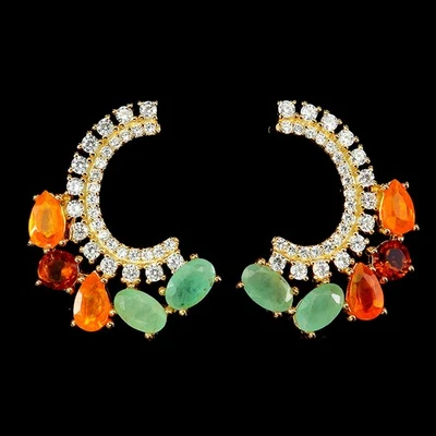 925 Sterling Silver Earrings Oval Emerald Citrine Orange Opal Gemstone Jewelry - Image 1 of 4