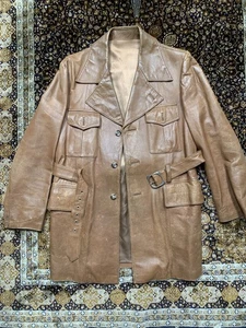 Vtg 70s Belted Leather Field Jacket Caramel Patina Pockets Mens 50 40US - Picture 1 of 24