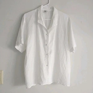 Pretty Talk Blouse Shirt Womens 12 White 100%Linen Button Short Sleeve Eyelets - Picture 1 of 8