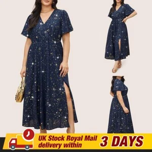 Plus Size Women Sequins Star Long Dress Short Sleeve V Neck Swing T-Shirt Dress - Picture 1 of 12