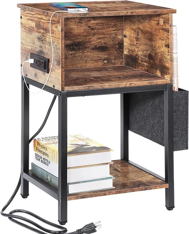 End Table w/Charging Station,3 Tier Nightstand w/Storage Shelf Narrow Side Table Cover