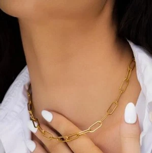 18K Gold Paperclip Choker Cable Chain Highly Polished Necklace Jewelry + Pouch - Picture 1 of 5