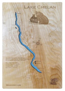 Lake Chelan, WA - Mapa de madera cortada con láser | Arte de pared | Hecho a pedido - Imagen 1 de 5
