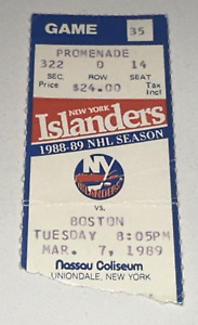 3/7/89 Boston Bruins New York Islanders Seaon NHL Ticket Stub Lemelin Goalie Win