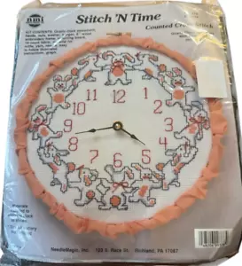 Stitch 'N Time Counted Cross Stitch 8” Hoop Bunnies 378 Quarts Clock New - Picture 1 of 7