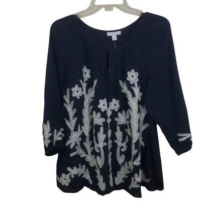 Blusa Floral Bordada Riviera Sunset Azul Branco Charter Club Nova Com Etiqueta Média Boho - Imagem 1 de 4