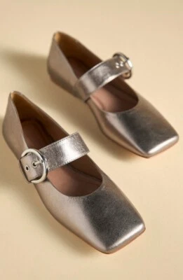 Anthropologie Cuadrado a Maryjane Plano Gris Peltre Cuero Metálico 39/8-8.5 NUEVO Foto 1 de 4