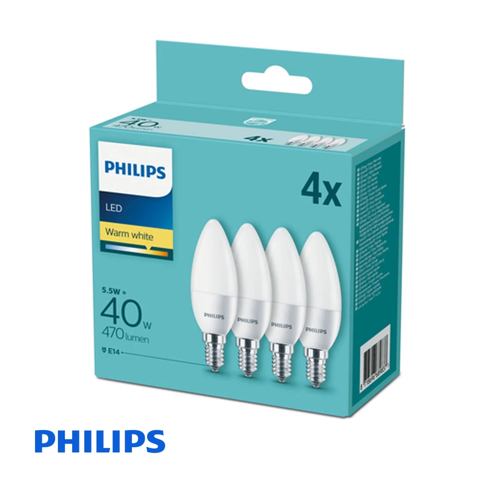 Philips CorePro 5.5W E14 LED Candle Bulb 2700K Warm White Frosted 4 Pack Non-Dim - Image 1 of 4