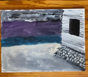 Ocean house Contemporary Outsider Art Canvas Painting Renault Water Cottage Sky - Picture 1 of 3