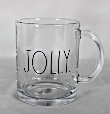 RAE DUNN Coffee Mug JOLLY - Clear Glass w/ Black Writing | Christmas Spirit - Image 1 of 4