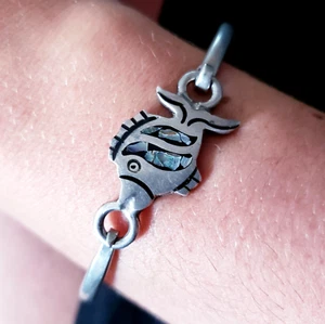 MEXICO Vintage 925 Sterling Silver 7" Abalone FISH Bangle Bracelet Sea Ocean Koy - Picture 1 of 14