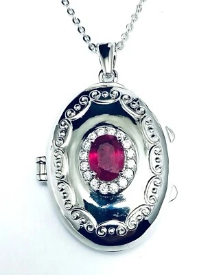 L7916 Vintage Locket w/Ruby 6x8mm 925 Silver Locket Pendant - Image 1 of 3