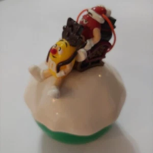 M&M XMAS SNOWBALL ORNAMENT, RED & YELLOW IN SLEIGH, GREEN BASE CANDY HOLDER - Picture 1 of 8