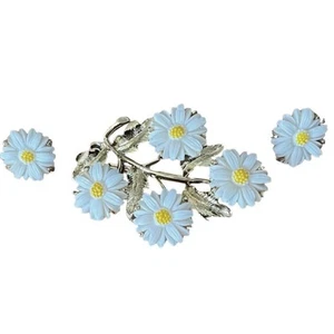Vintage Daisy Branch Brooch & Clip-On Earring Set - Acrylic with Gold-tone Metal - Picture 1 of 4