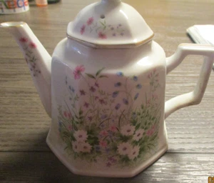 Vintage White and Floral Gold Trim Teapot Octagon Shape Made Japan - Picture 1 of 4