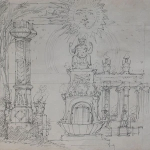 Entwurf Opernkulisse Zeichnung historisch zauberflöte Bleistift Original um 1850 - Picture 1 of 6