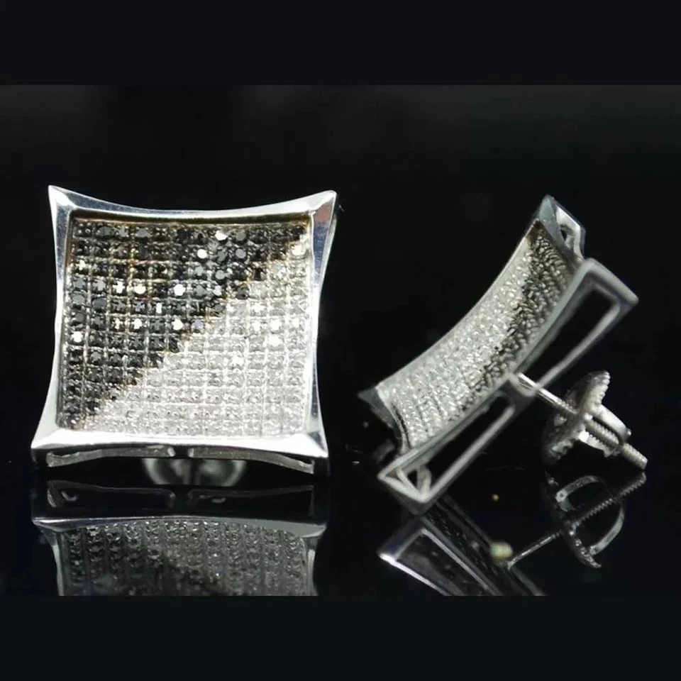 Brincos quadrados pavê folheados a ouro branco 14K com diamante preto corte redondo 1 quilate - Imagem 1 de 4