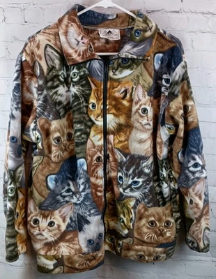Black Mountain Allover Cat Print Full Zip Fleece Jacket, Sz. M Made In USA! - Image 1 of 4