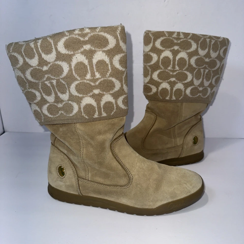 Coach Tatum Brown Leather & Wool Knit Mid Calf Boots-Size 8M - Image 1 of 4