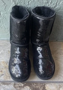 UGG Women Classic Short Sequin Black Sparkle Boots Size 7 - Picture 1 of 6