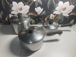 Vtg Set of 3 Revere Ware 1801 Copper Bottom Pots Lids 1 QT 2 QT 3 QT Clinton USA - Picture 1 of 10