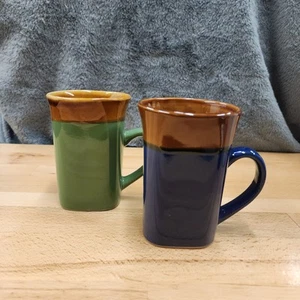 Royal Norfolk Lot Of 2 Coffee Cups Green/Brown Blue/Brown Mugs Square Shape - Picture 1 of 9