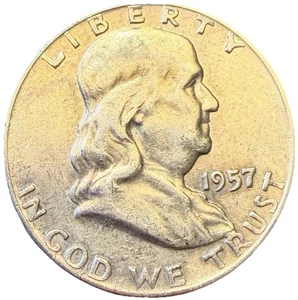 1957 D Franklin Half Dollar Silber 50c Fehlermünze vz - Stempel Chip über R im Vertrauen - Bild 1 von 5