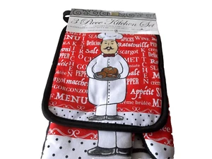 JUEGO DE COCINA 3 PIEZAS: 1 SOPORTE PARA OLLA, 1 TOALLA Y 1 GUANTE PARA HORNO, CHEF GRASO CON PASTELES - Imagen 1 de 3