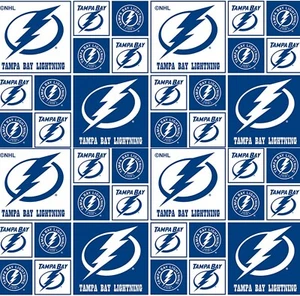 BTY NHL Hockey Tampa Bay Lightning Block Prints 100% Cotton Fabric By The Yard - Picture 1 of 1