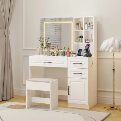 Ufurniture LED Dressing Table Stool Set Vanity Desk with Charging Station White - image 1 of 4
