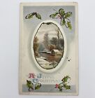 Antique Christmas Postcard Early 1900s Winter Cabin On The Lake Scene Embossed