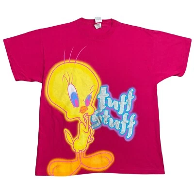 Camisa masculina vintage Tweety Bird grande rosa quente anos 90 Looney Tunes estampa grande anos 90 - Imagem 1 de 4