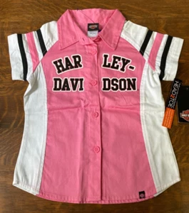 Harley Davidson Girls Size 4 100% Cotton Short Sleeve Button Down Shirt Pink NEW - Picture 1 of 7