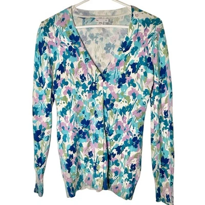 Suéter para mujer GAP floral azul púrpura rosa cuello en V 100 % algodón talla pequeña Foto 1 de 4