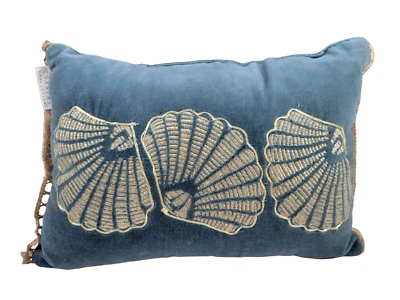 Coastal Collection Throw Pillow Blue Green Faux Velvet Gold Seashells 13"x9" - Image 1 of 4
