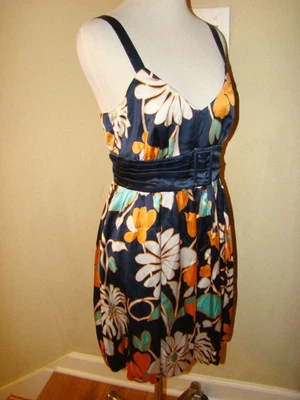 VESTIDO FLOR FLORAL ACENTO CINTURÓN NARANJA AZUL OSCURO SPANDEX SEDA ARDEN B TALLA S Foto 1 de 4