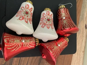 VTG Blown Glass Red White Glittered BELL Christmas Ornaments West Germany 5 pc - Picture 1 of 12