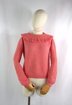 Vintage pink coral pointelle sweater jumper frill neckline Bust 38" Size 10 S - Image 1 of 4