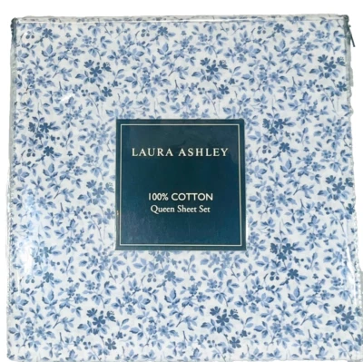 Queen Comfy Crisp & Cool Cotton  Percale Sheet Set Laura Ashley Blue Tierney - Image 1 of 4