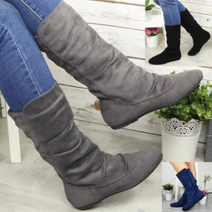Ladies Flat Boots Womens Rouched Slouch Girls Comfy Pull On Winter Shoes Size - Picture 1 of 25
