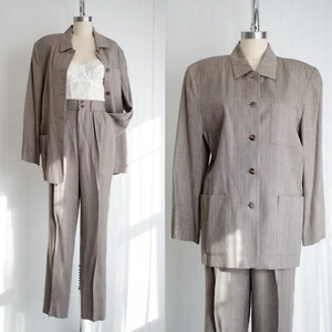 vtg brown cream striped suit chore coat pleated pants pantsuit - Picture 1 of 7
