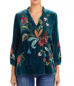 Brandneu mit Etikett Johnny Was Isabella bestickte Samt Feldbluse Boho tief türkis XL 295 - Bild 1 von 8
